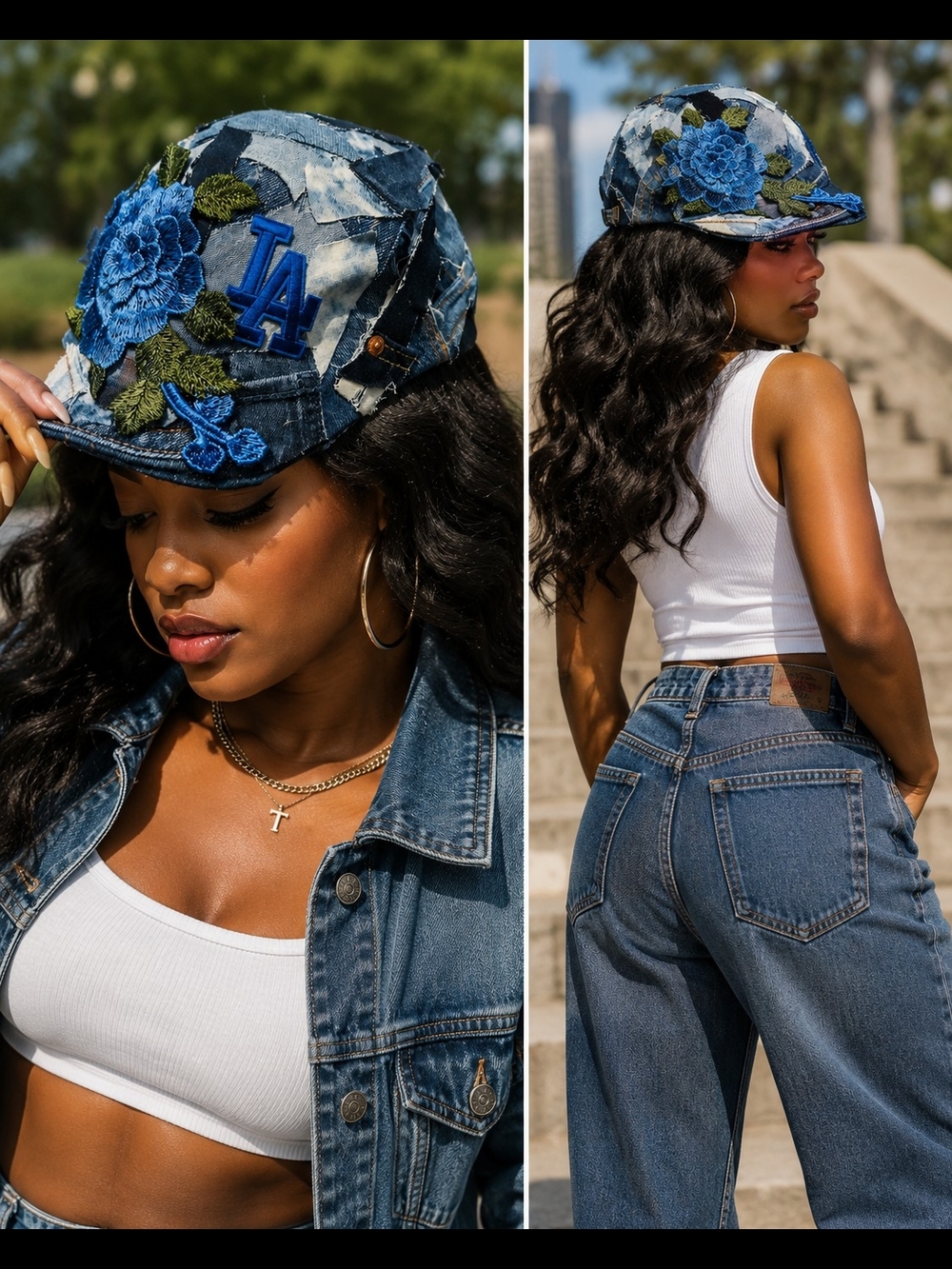 LA Denim Patchwork Cap with Blue Floral Appliqué